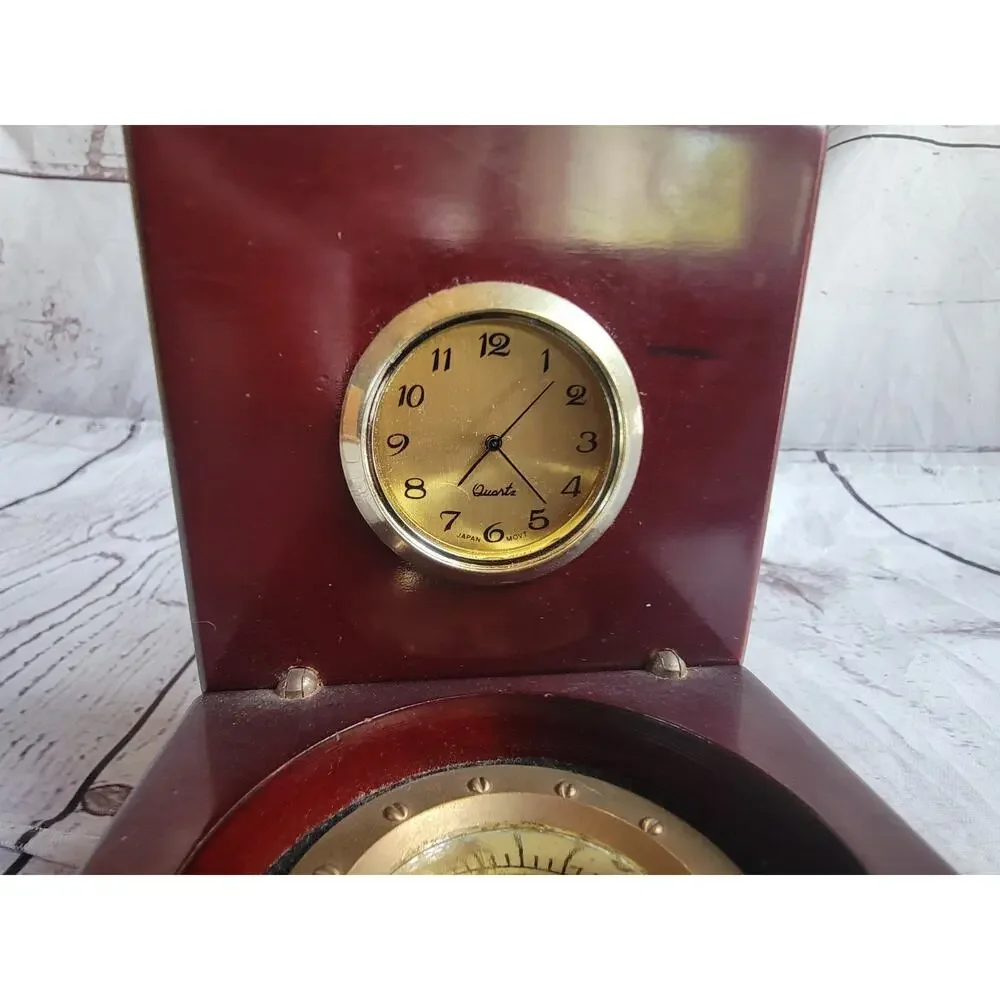 Vintage Navigator Clock & Compass Encased in Hinged Mahogany Wooden Box Untested
